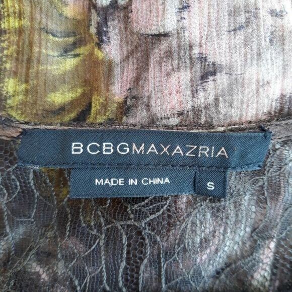 BCBGMaxAzria Top Sheer Silk Botanical Peasant Balloon Sleeve Brown Pink Sz S - Picture 3 of 13
